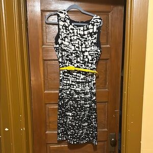 Black and White Patterned Dress with Yellow Belt